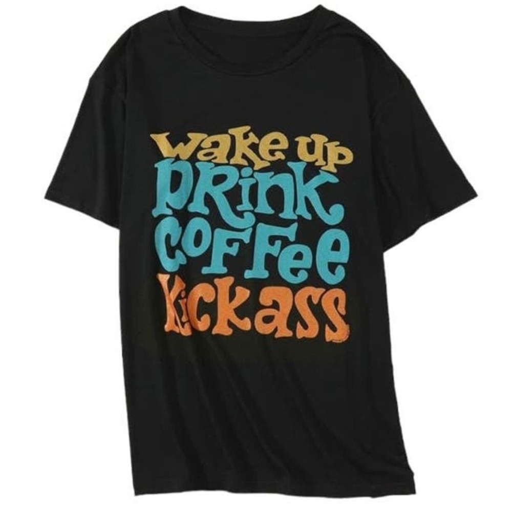 WAKE UP DRINK COFFEE KICK ASS BLACK MULTI T-SHIRT SIZE 2X